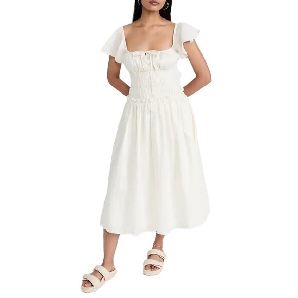 Charina Sarte Linen Smocked Flutter Sleeve Square Neck Midi Dress Small